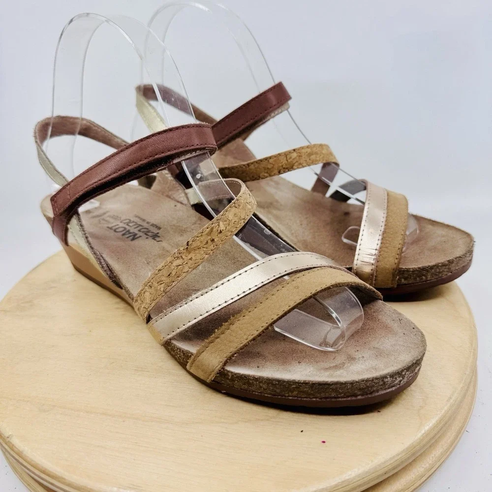 Naot Hero Wedge Sandals Womens EU 38 US 7 Brown Gold Leather Cork Comfort Shoes